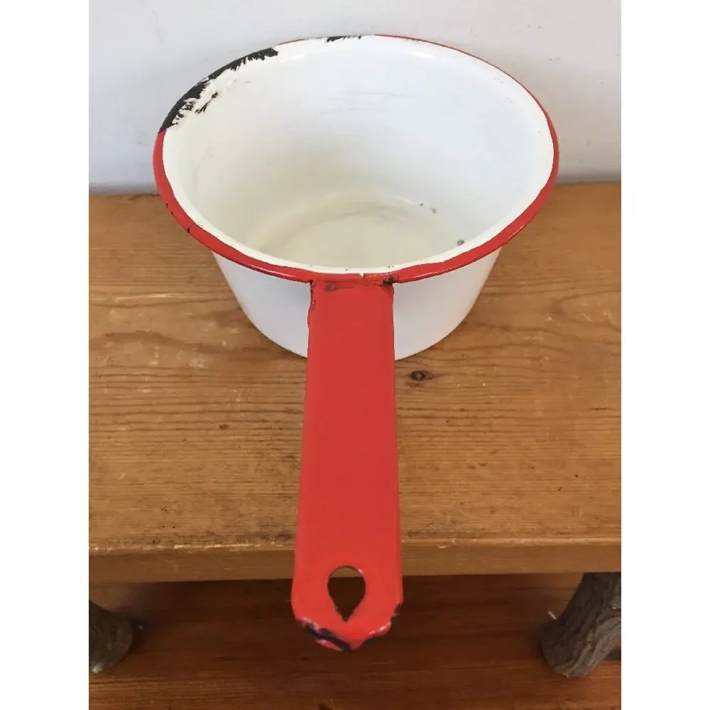 Vintage Antique White Red Metal Enamelware Primitive Small Sauce Pot Pan 7